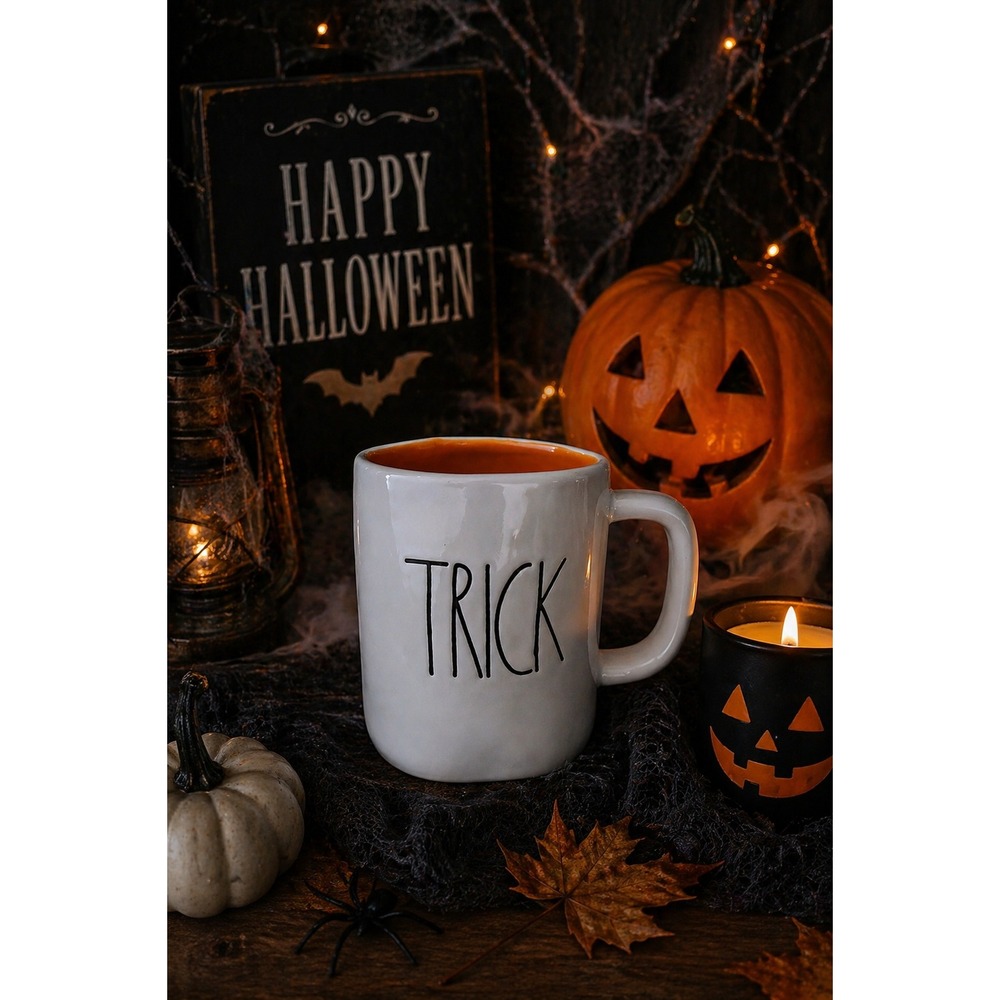 Rae Dunn 'Trick'‎ 'Treat" Halloween Fall Pumpkin Cozy Warm Tea Coffee